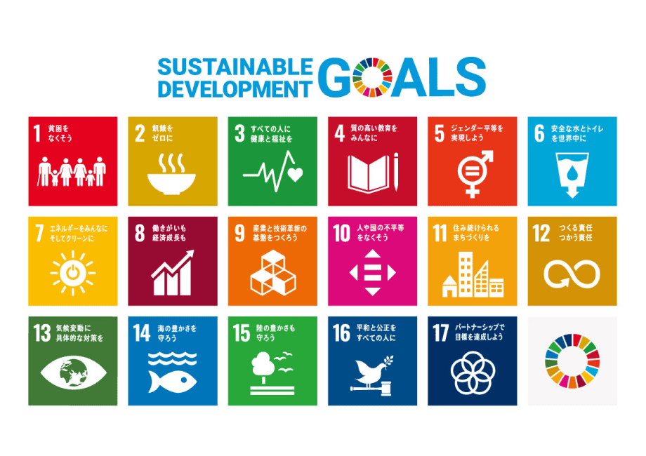 sustainable development goalsというタイトルと、17個の目標を示すロゴが並んだイラスト